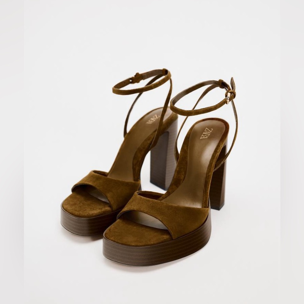 NWOT ZARA brown suede block heel sandals 70s